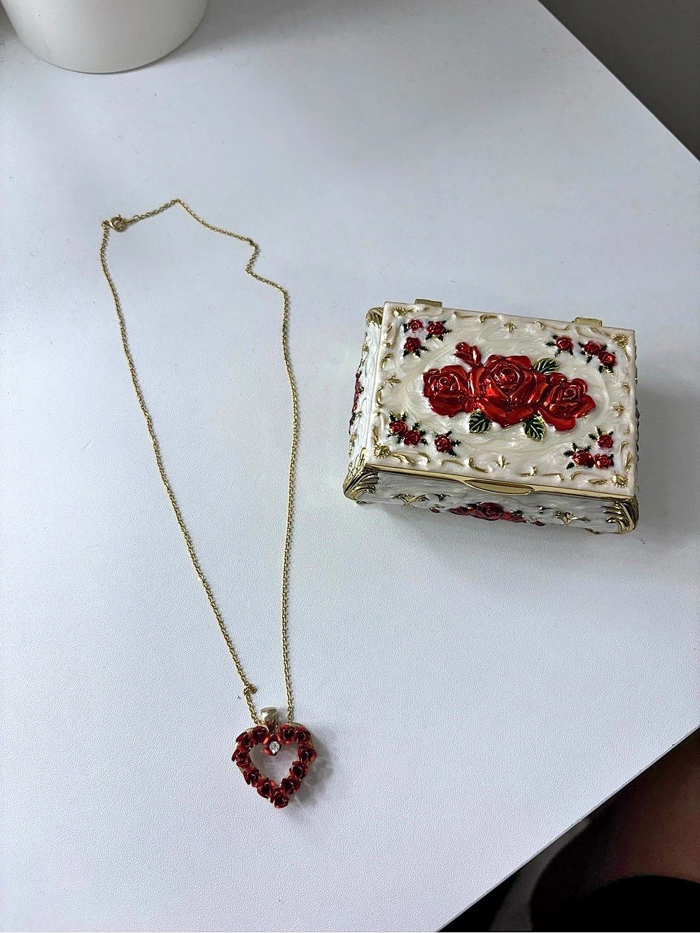 Rose Decorative Jewelry Box & Red Heart Necklace